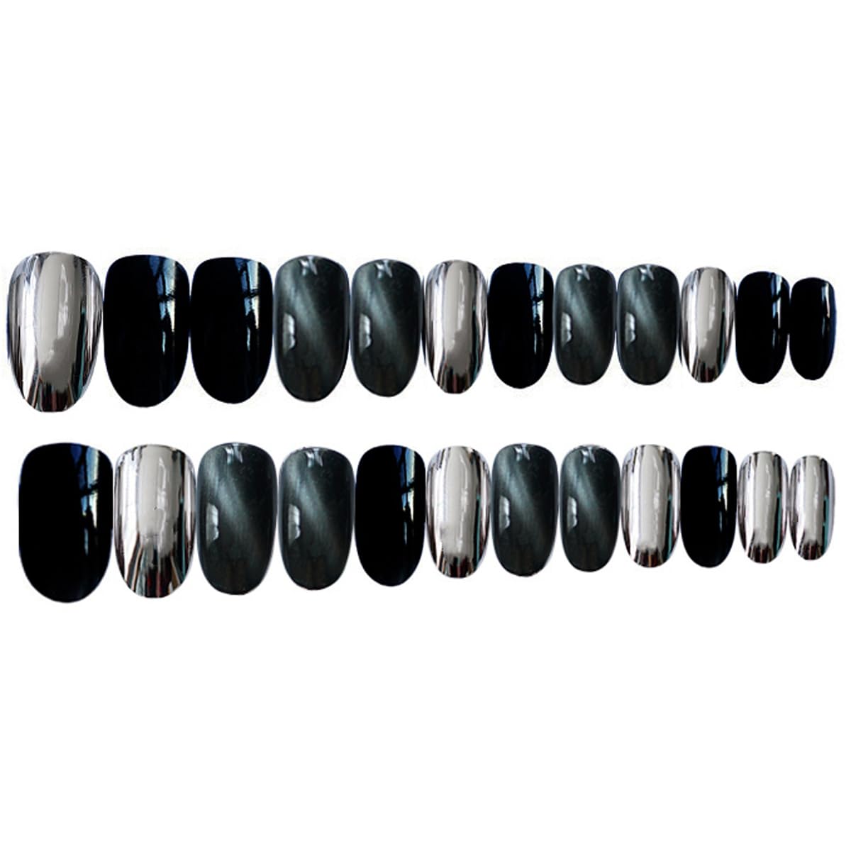 LTTECH Uñas postizas a presión de espejo de forma ovalada media, uñas postizas negras y plateadas, acabado metálico, kit de uñas postizas acrílicas,