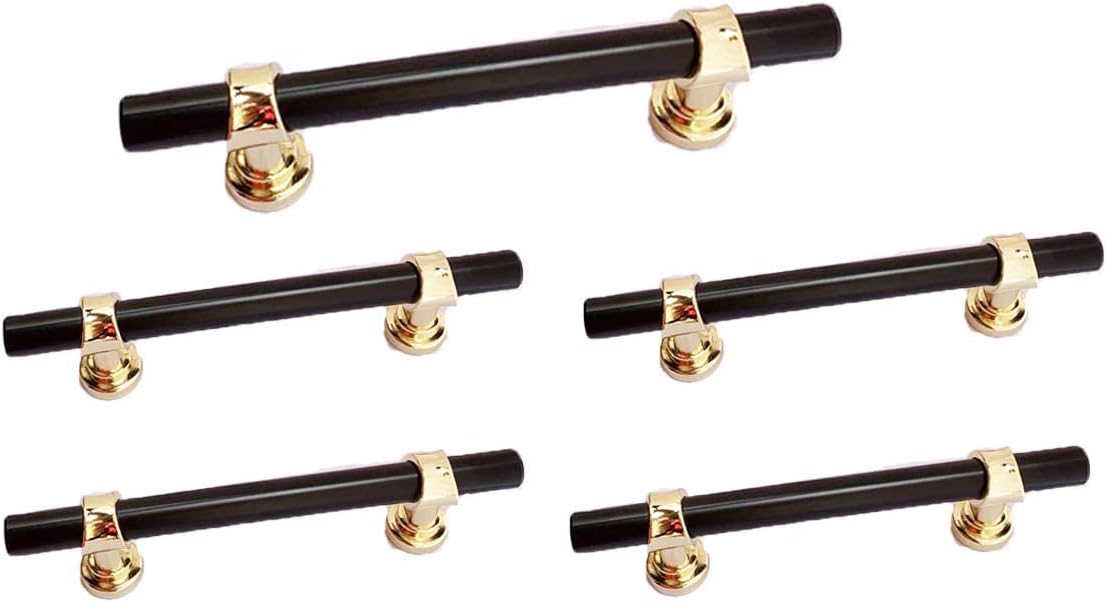 SAF NDYTDS Tiradores dorados de barra en T para gabinete, agujero central de 3 pulgadas2.992 in, manijas negras, paquete de 5 pomos de gabinete de