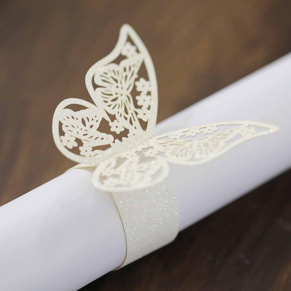 Juego de 50 servilleteros de papel de mariposa 3D, servilleteros de papel de aluminio huecos, hebillas de servileta, decoraciones de mesa para