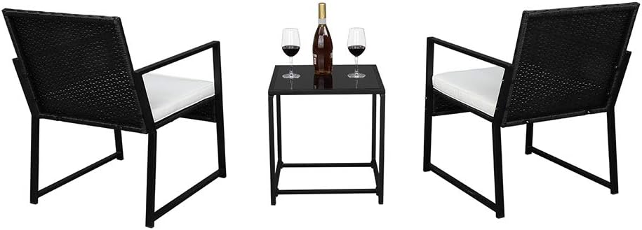 Juego de 3 piezas de muebles de mimbre para exteriores, sillas de ratán con mesa auxiliar para patio y bistró, color negro