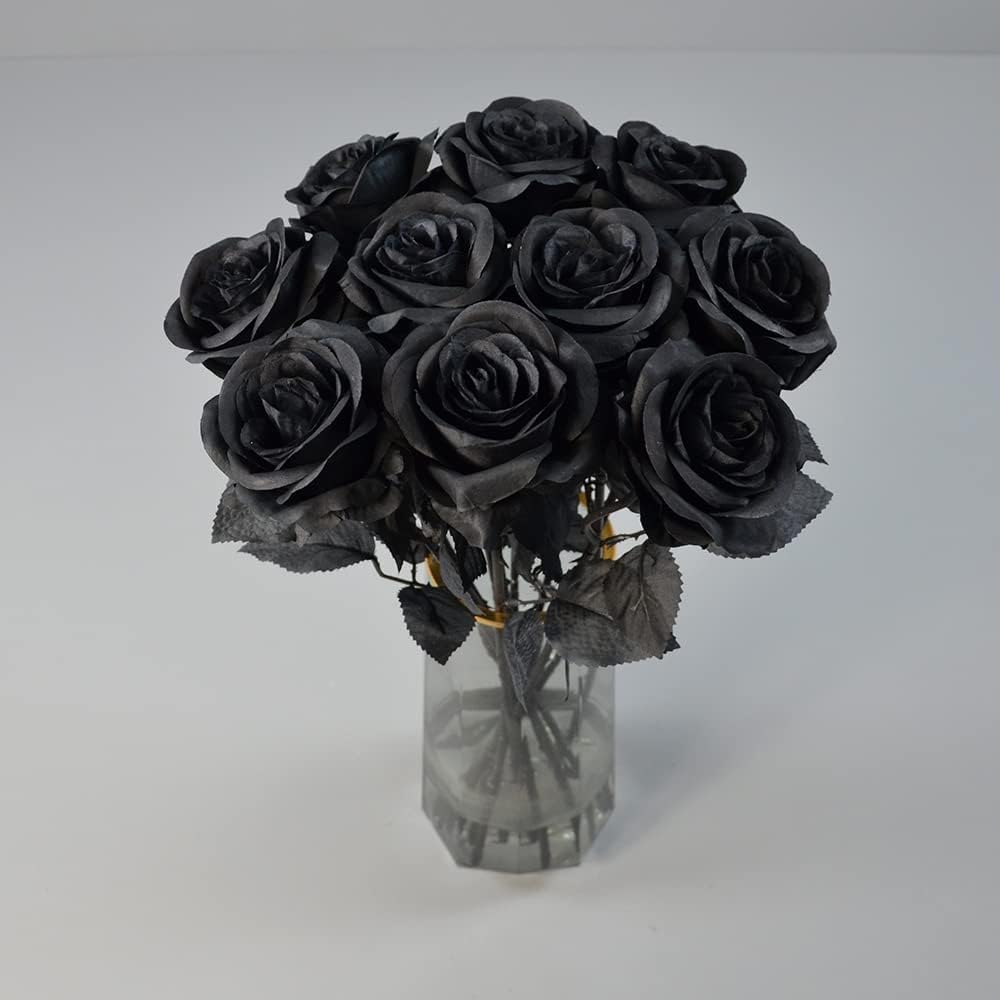 10 rosas artificiales, flores artificiales para decoración de Halloween, tallo largo, rosas artificiales para el hogar, Halloween, gótico,