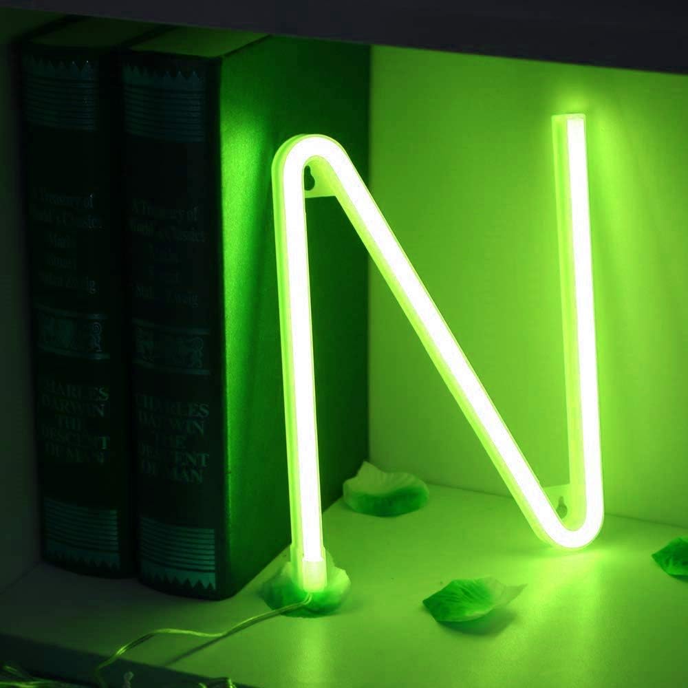 Letrero de neón, letras de neón, letras del alfabeto de neón iluminadas, letras con luces LED, letras de marquesina iluminadas, batería, USB, verde