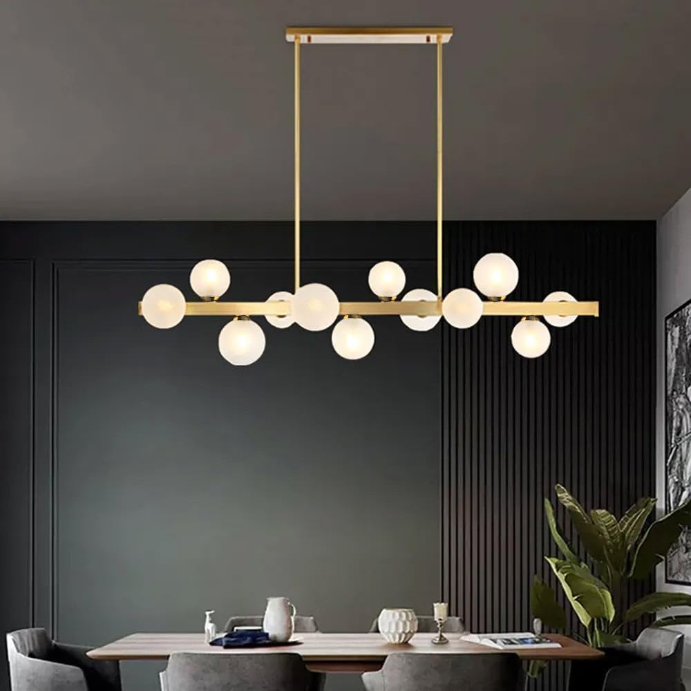 Lámpara de araña lineal moderna para isla de cocina con pantalla de vidrio blanco claro en oro (12 luces)