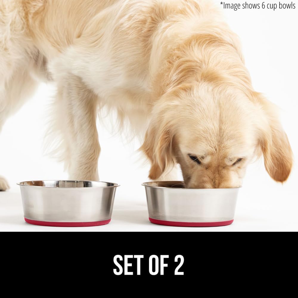 Gorilla Grip Stainless Steel Metal Dog Bowl Set of 2, Rubber Base, Heavy Duty, Rust Resistant, Food Grade BPA Free, Less Sliding, Quiet Pet Bowls