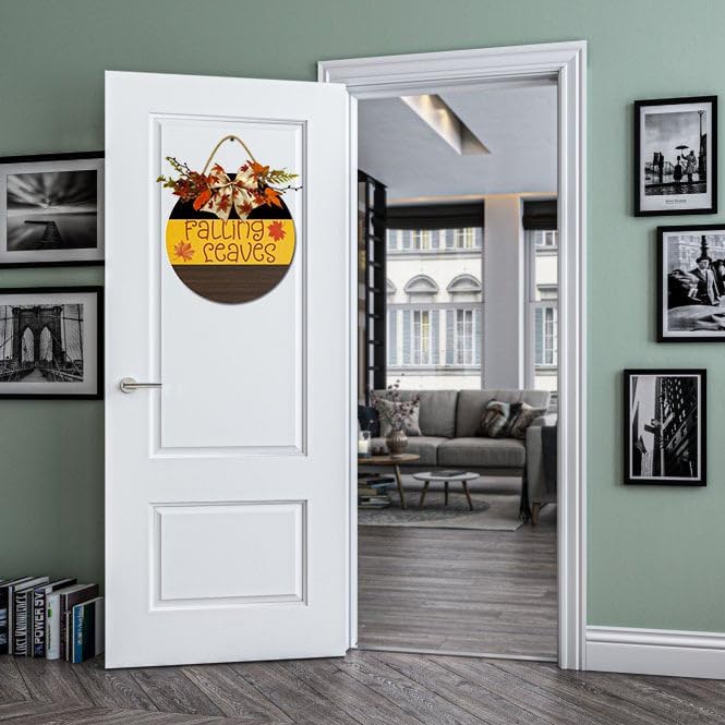 Letrero de hojas de otoño para puerta delantera, coronas divertidas, decoración de placa de madera rústica, redonda, decoración de porche de madera