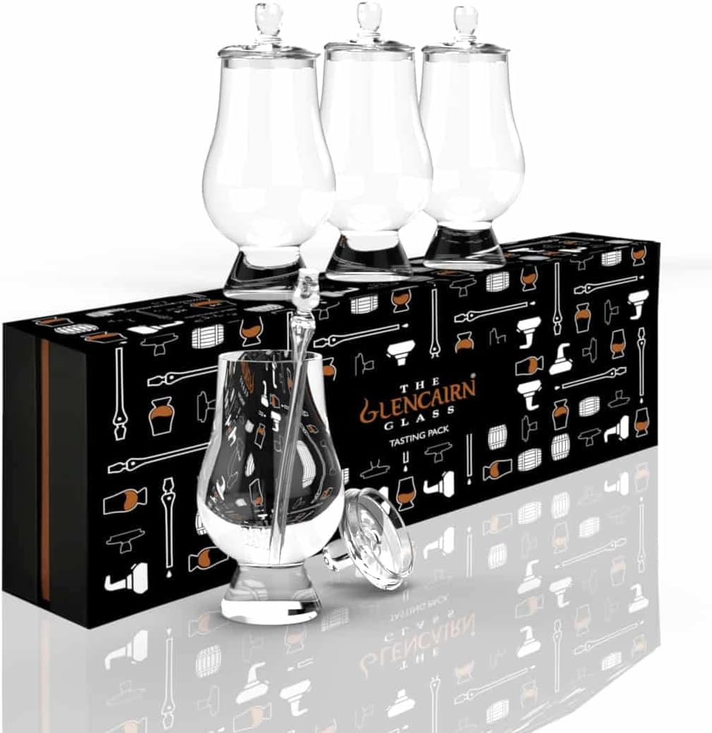 GLENCAIRN Juego de vasos de whisky, paquete de 9 piezas, incluye 4 vasos de whisky y tapas de degustación, pipeta en juego de regalo para