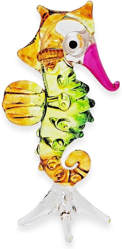 ChangThai Design Pequeña figura de caballito de mar de 2 pulgadas de alto, verde, amarillo, rosa, animal de vidrio soplado a mano, multicolor,