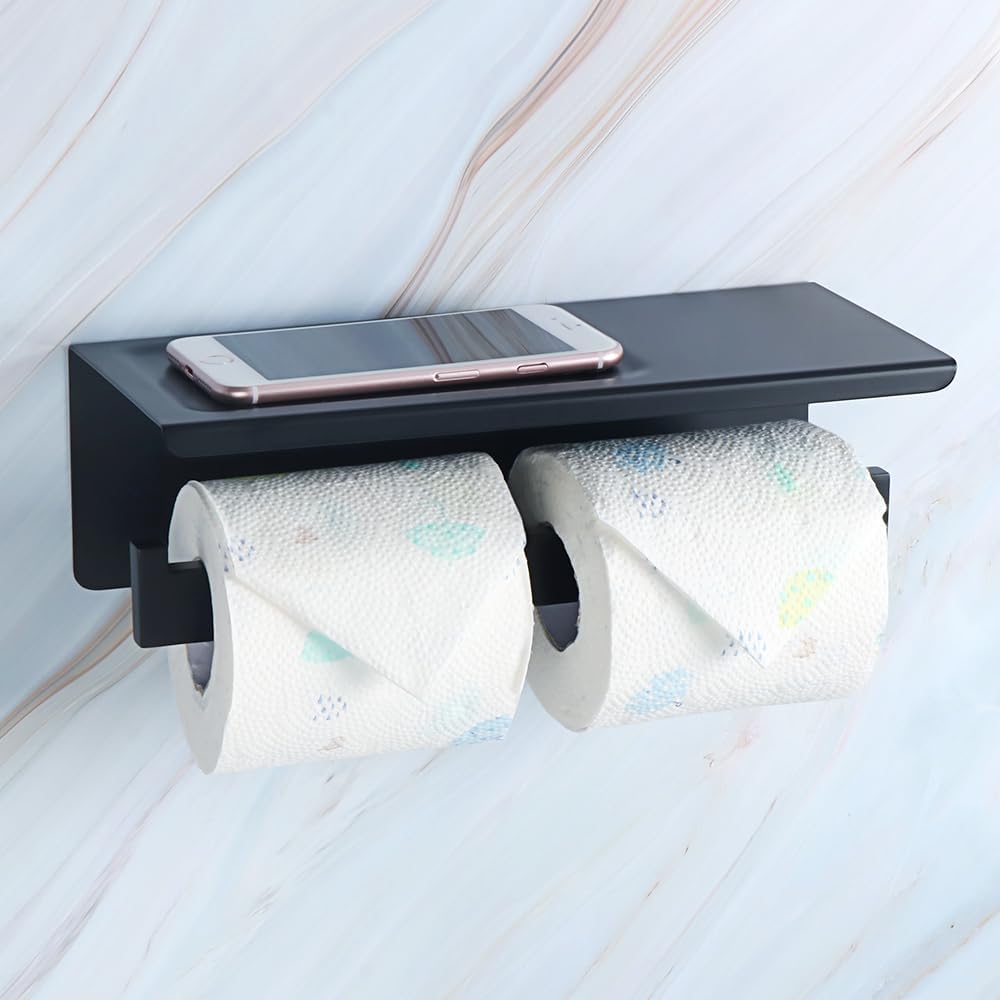 Alise Soporte doble de papel higiénico, soporte de papel higiénico de baño con estante, dispensador de almacenamiento de rollos de papel higiénico