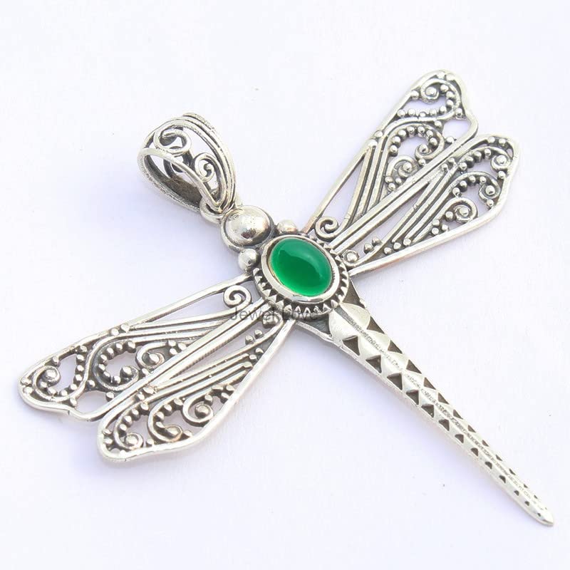 925 Sterling Silver Necklace Pendant For Womens Natural Green Onyx Necklace Pendant Sterling Silver Necklace Pendant Oval Gemstone Dragonfly