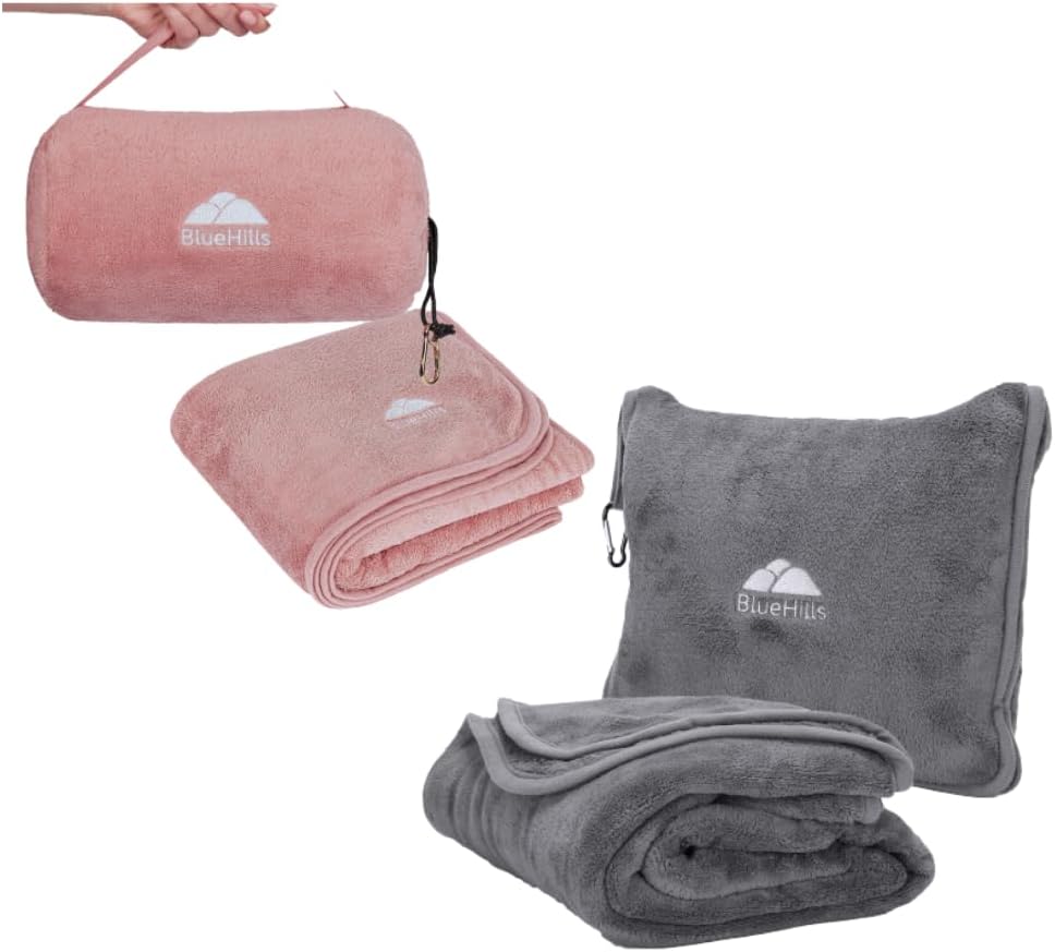 BlueHills Almohadas largas y enrolladas de manta de viaje para dos aviones esenciales de viaje, mantas de vuelo en estuche de bolsa con clip para