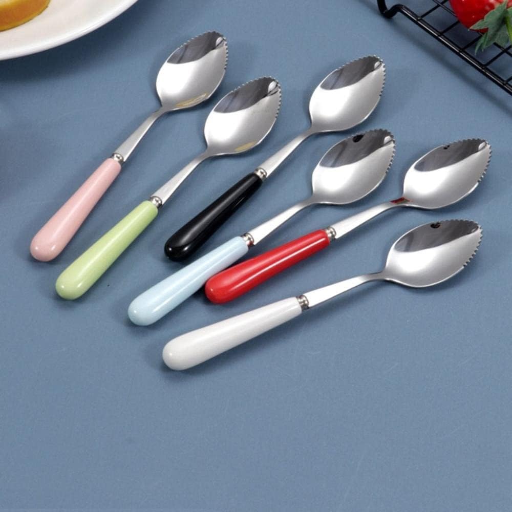Cucharas de pomelo, cuchara dentada de acero inoxidable con mango de cerámica multicolor para cocina (plata, blanco)