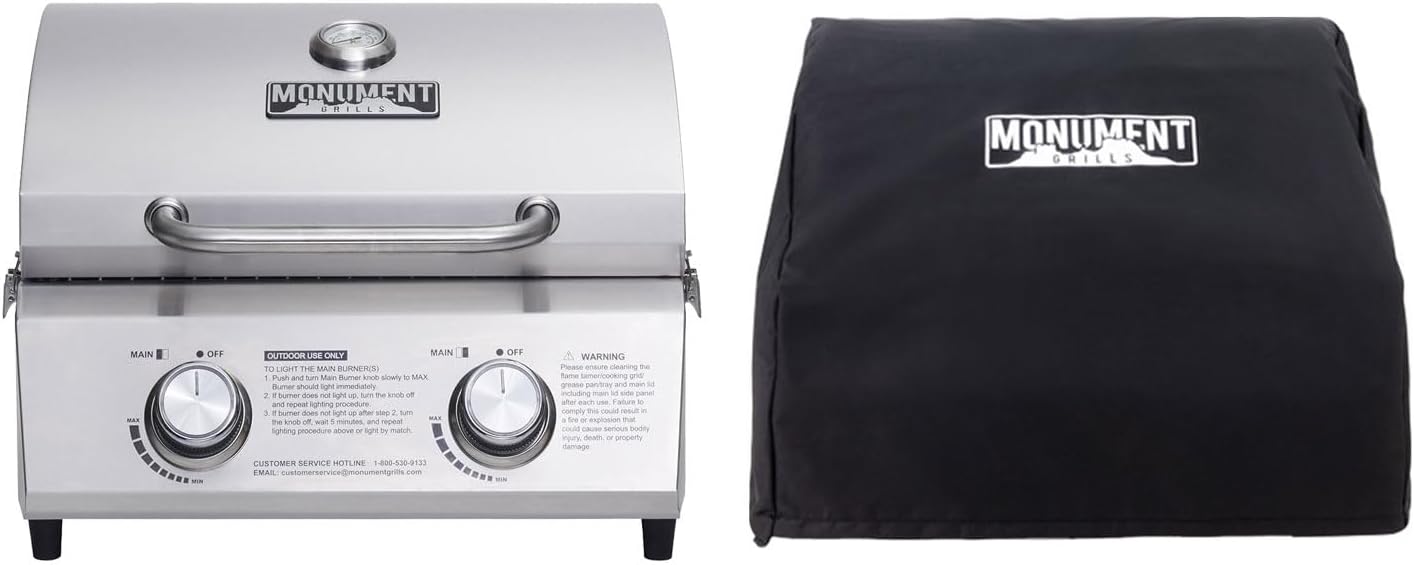 Monument Grills Parrilla de gas propano de mesa para acampar portátil al aire libre Cocinar con cubierta de barbacoa (2 artículos)