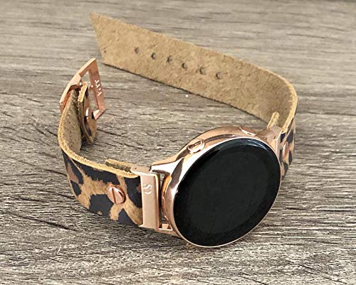 Leopard Print Genuine Leather Band for Samsung Galaxy Watch 42mm Adjustable Size Strap Bracelet Smartwatch Rose Gold Metal Jewelry Wristband