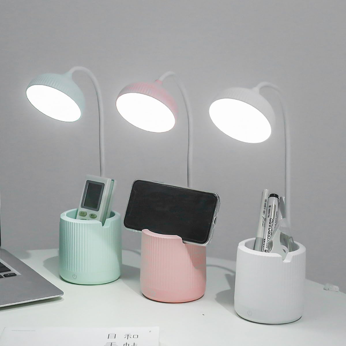 Lámpara inalámbrica, lámparas de escritorio para oficina en casa, blanco, luz ajustable de 3 velocidades, con soporte para bolígrafo, cable de carga