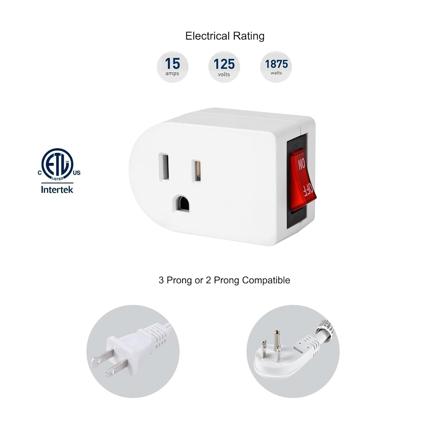 Toma de tierra con interruptor de encendido y apagado (paquete de 4), interruptor de salida de adaptador de corriente individual 15A 1875W3 clavijas