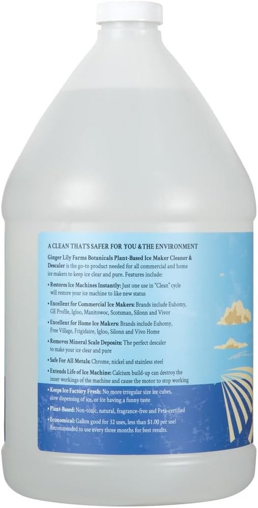 Ginger Lily Farms Botanicals – Limpiador y descalcificador de hielo a base de plantas para todas las máquinas de hielo, 32 usos, seguro para todos