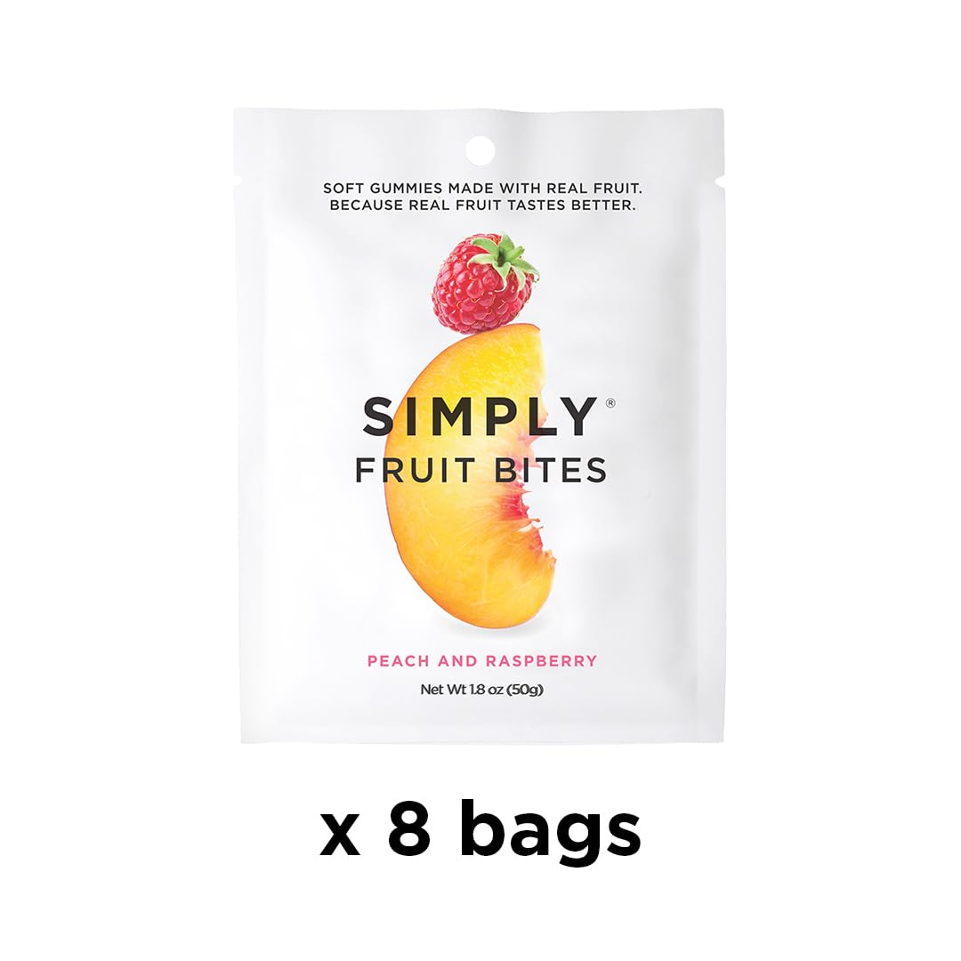 Simply Fruit Gummies  Hechas con fruta real, melocotón y frambuesa, 1.8 onzas (paquete de 8), sin azúcar de caña + sin gluten + Kosher