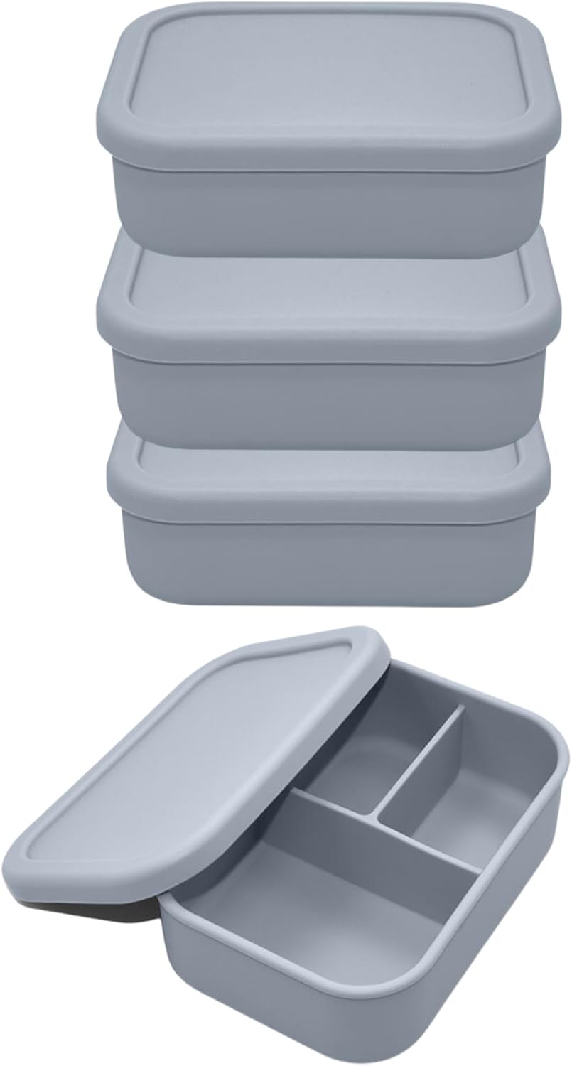 Caja Bento de silicona de 3 piezas, juego de 3 recipientes de silicona para almacenamiento de alimentos con divisor y tapa dura, sin BPA, apto para