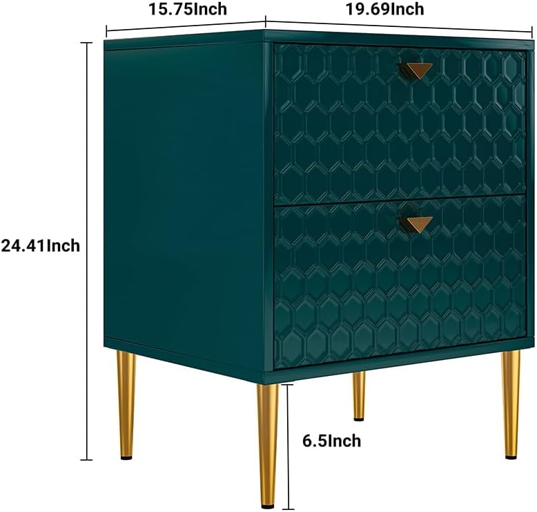 Mesita de noche con 2 cajones, elegante armario de noche de alto brillo con pomos de latón para sala de estar, dormitorio, verde