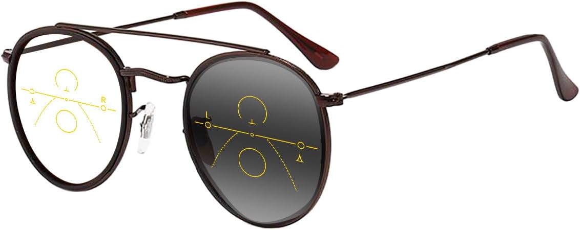 MYneon Near Far Fotocromático Multifocal Progressive Women Round Brown Pilot Style UV400 Transición Vidrio de lectura fotocromático