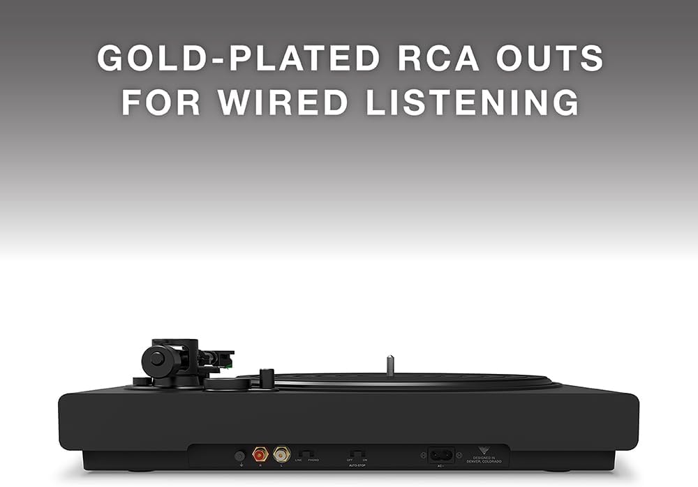 Victrola Reproductor de discos de vinilo negro de alta resolución, cartucho Audio Technica AT-VM95E, conectividad Bluetooth adaptativa aptX, salida