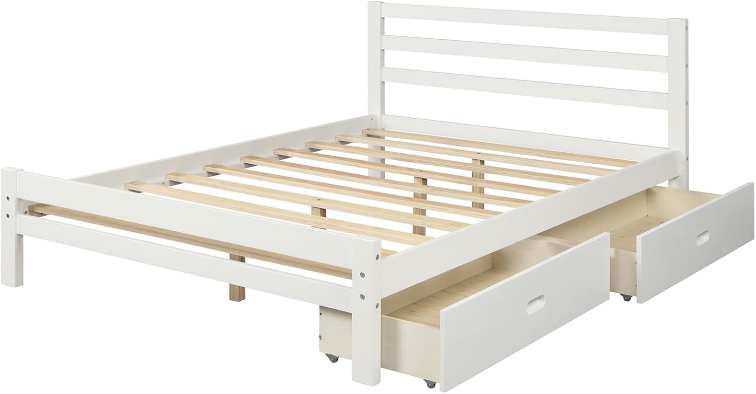 Cama matrimonial con cajones, plataforma de madera con cabecero y estribo, cama capitán blanca de madera para niños, niñas, niños, adolescentes y