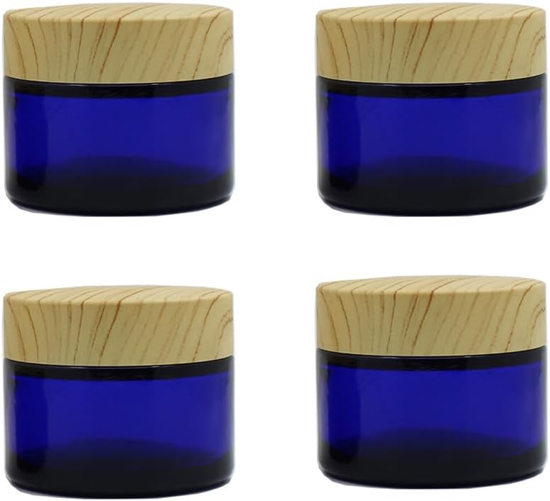 Paquete de 4 tarros de vidrio azul de 1.76 oz con tapas, tarros de crema recargable, tarros de crema cosmética, recipientes vacíos redondos para