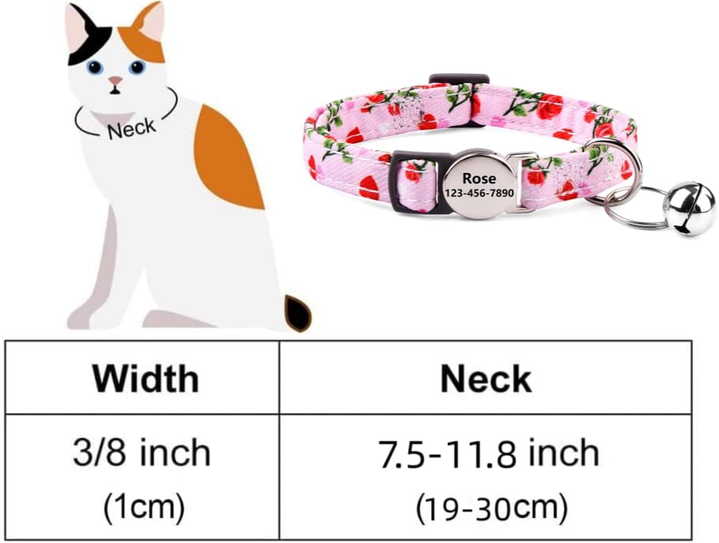 Collar de gato personalizado con nombre de identificación, placa de número de teléfono, patrón floral grabado personalizado, collar de gatito con