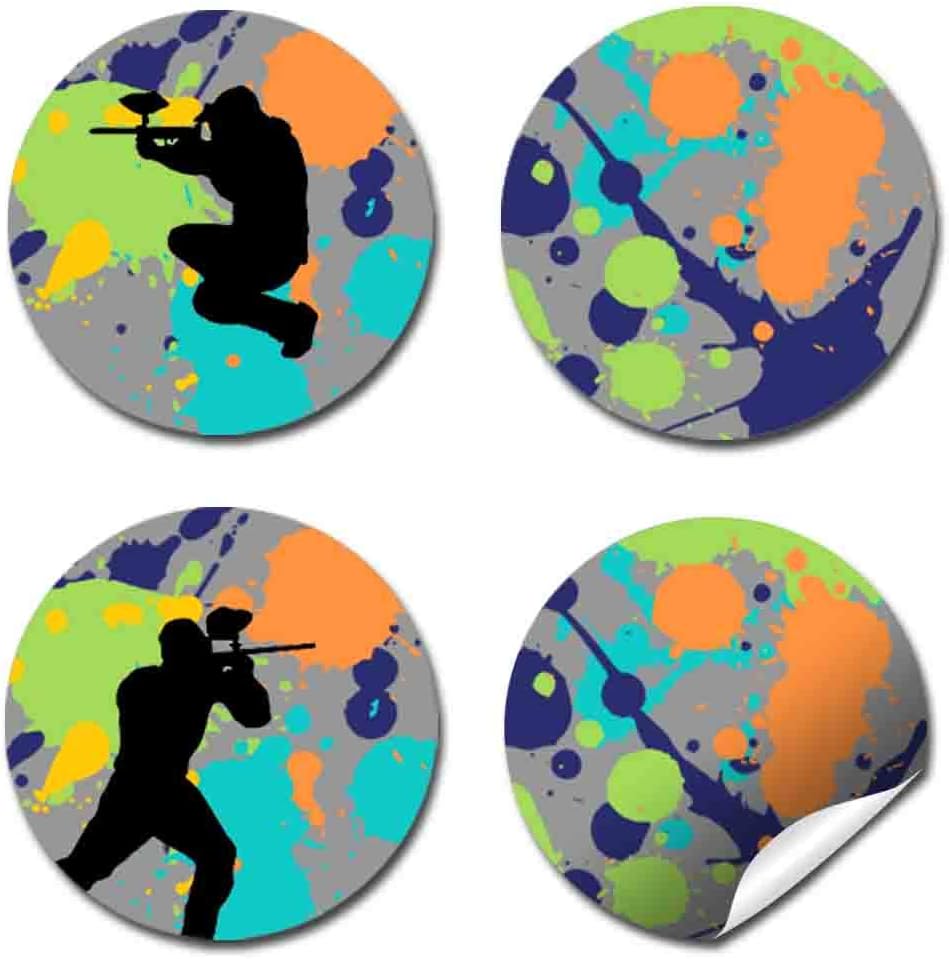 AmandaCreation – Etiquetas adhesivas para fiestas de cumpleaños con temática de paintball, 300 adhesivos circulares de fiesta de 0.75 pulgadas para