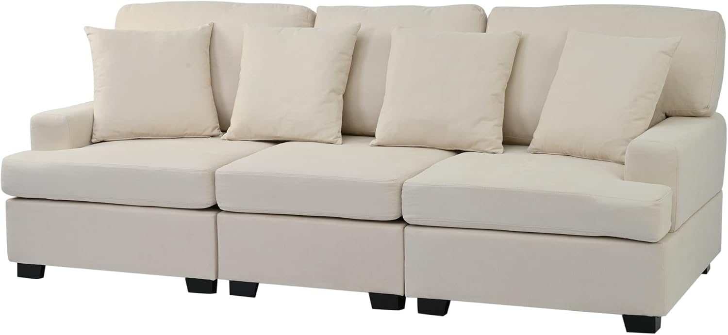 Cómodo sofá de 3 plazas de mediados de siglo, moderno sofá para sala de estar, sofá largo tapizado de tela de lino con 4 cómodas almohadas para