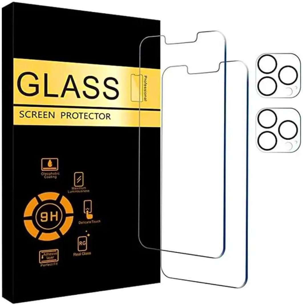 AD – Paquete de 2 protectores de pantalla con 2 protectores de lente de cámara de vidrio templado para iPhone 15 (dureza 9H) HD (paquete de 4)