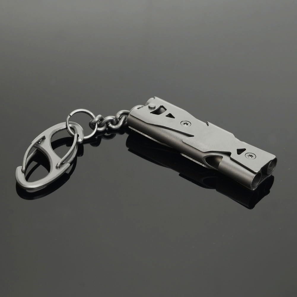 Silbato de emergencia, llavero silbato de violación, silbatos de alta decibelión de acero inoxidable (silbato de tubos dobles  pistola, 2 unidades)