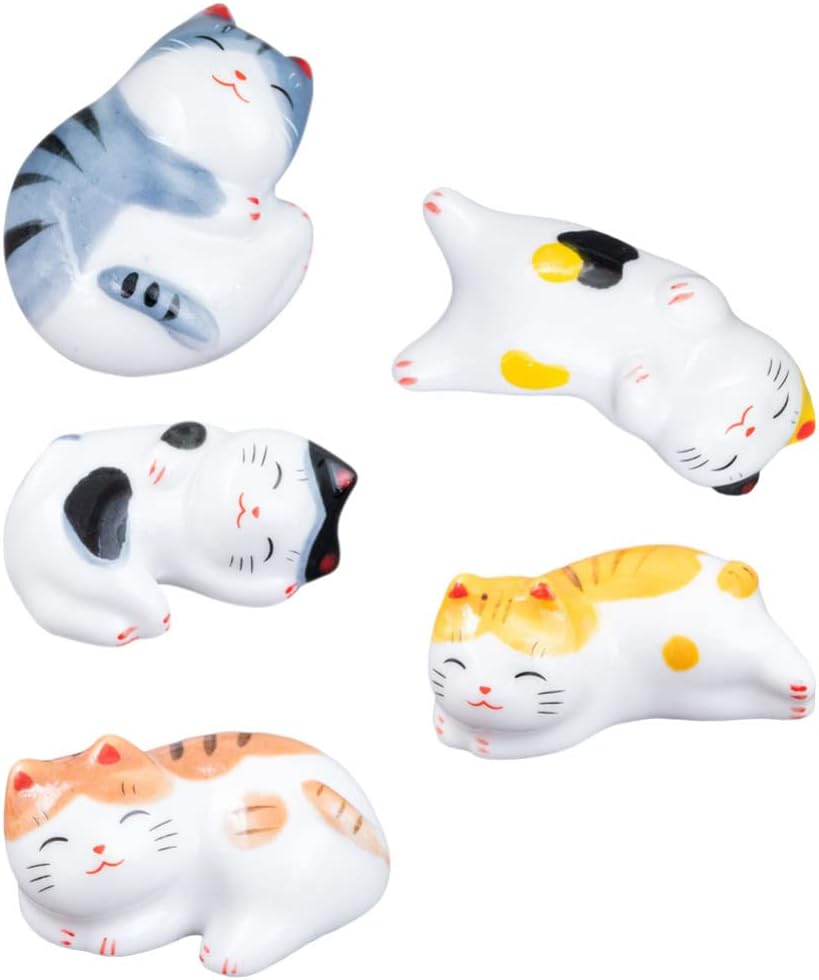 BESTonZON 5 palillos de gato con soporte para pinceles de pintura china, estilo japonés, porcelana, lindo gato de la suerte, soporte para palillos