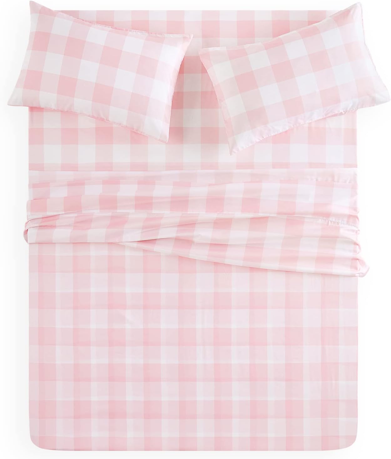 Wake In Cloud – Sábanas de cama tamaño King, juego de sábanas encimeras bajeras de 4 piezas, bolsillo profundo, lindo rosa rubor blanco a cuadros