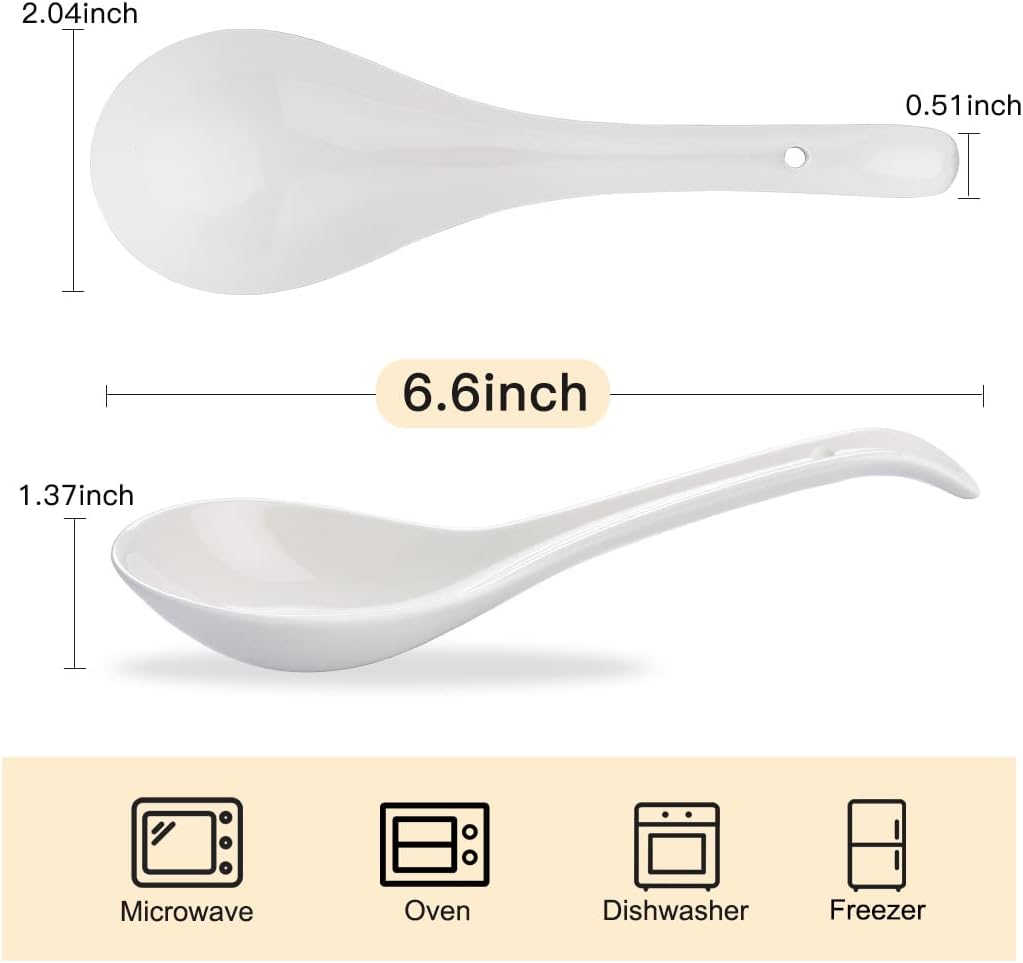 Juego de 4 cucharas de sopa de porcelana, cucharas de sopa china de cerámica de 6.6 pulgadas, cucharas de sopa asiáticas, cucharas de ramen