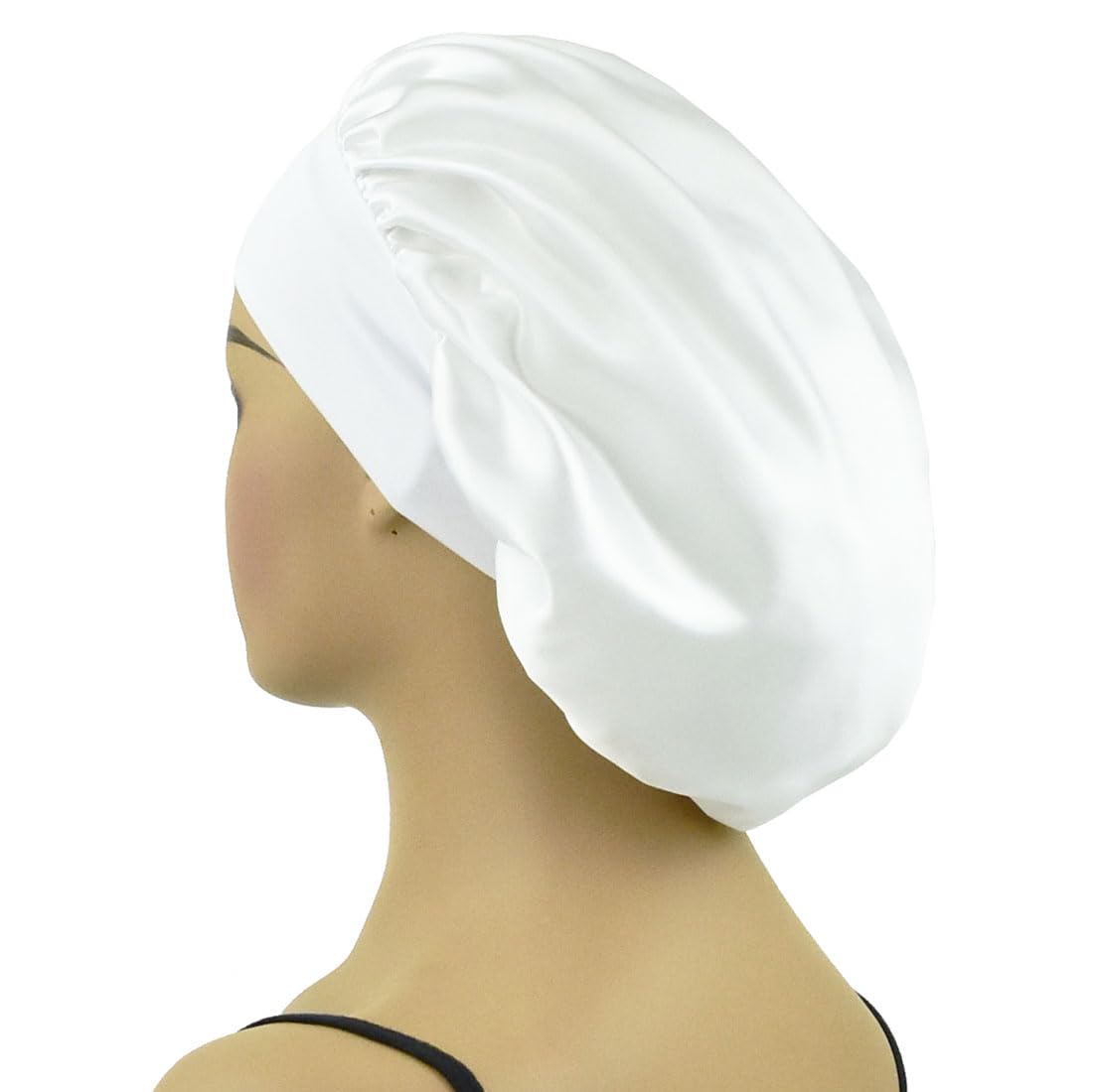 AILONSHAWN Gorro de satén para cabello rizado, gorro de seda para dormir, gorro de seda para dormir, gorra de seda blanca de banda ancha para la