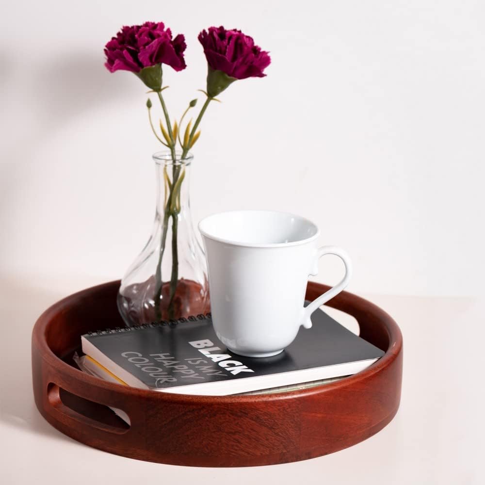 LAVAUK Bandeja redonda de madera de mango de 12 pulgadas con asas, bandeja de madera con acabado de caoba para aperitivos, café, té, barbacoa o