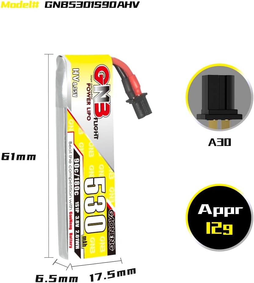 Gaoneng 6 unids A30 conector GNB 1S 530mAh 3.8v HV LiPo batería 90C para Kingkong Tiny7 Beta75S NanoHawk EZ Pilot Pro Kingkong LDARC BetaFPV Beta75X