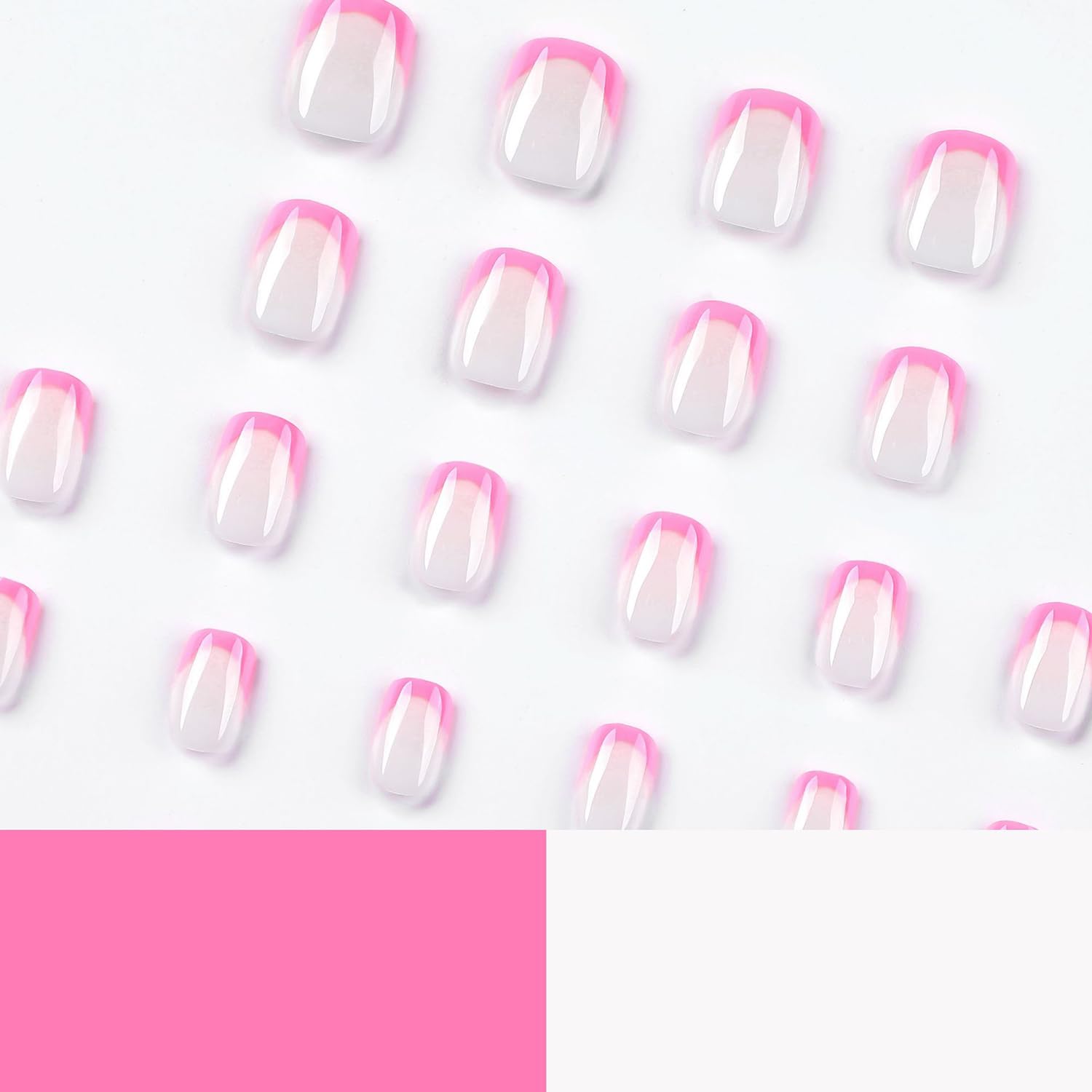 24 piezas de uñas postizas cortas cuadradas nude, uñas postizas brillantes de cobertura completa, uñas adhesivas de punta francesa rosa, uñas