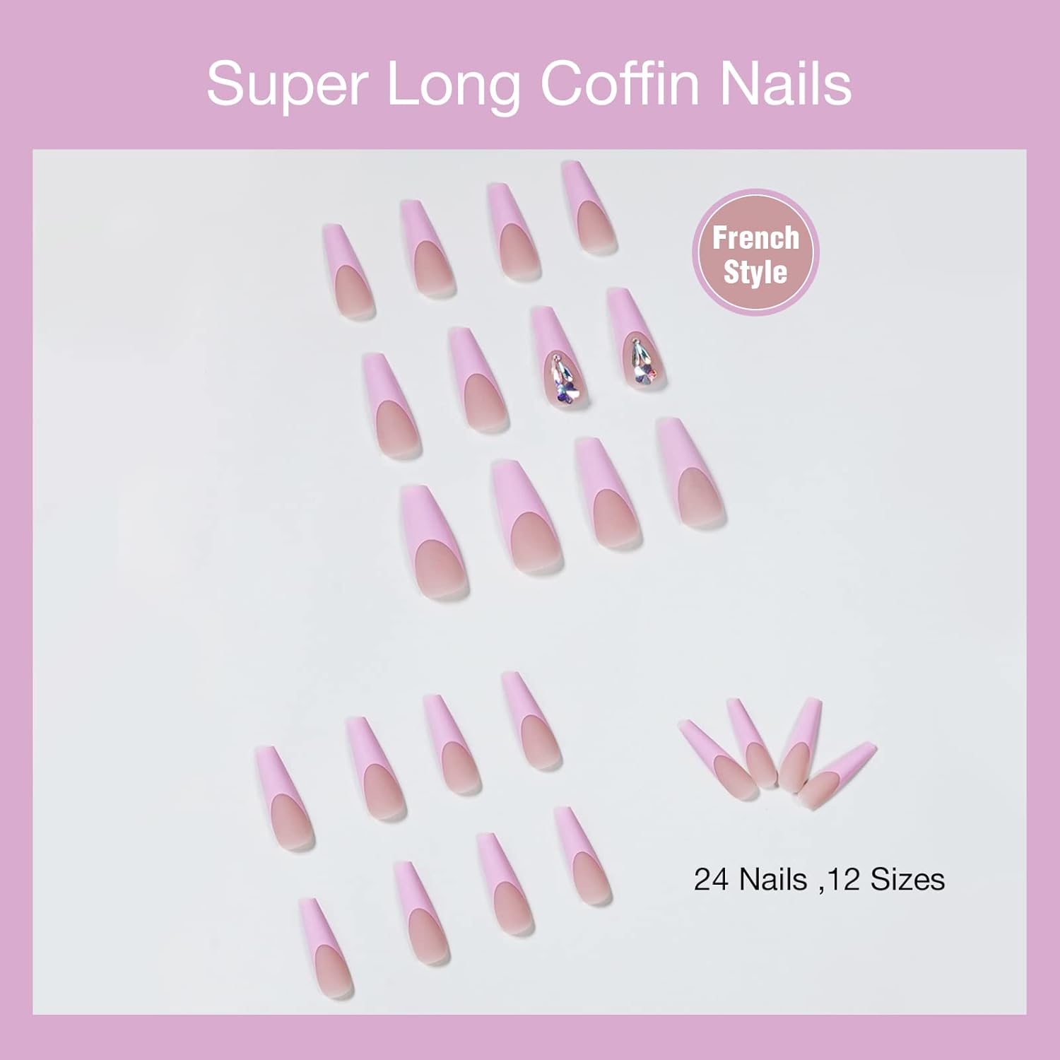 Juego de manicura de uñas francesas acrílicas, reutilizable, 12 tamaños, kit de 24 uñas