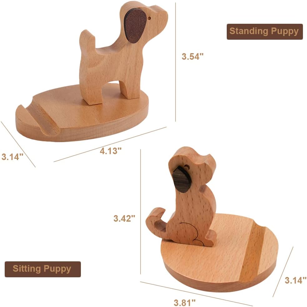PBQOA Soporte para teléfono celular de 4 pulgadas, soporte de escritorio de madera para todos los teléfonos móviles, lindos animales, perros,