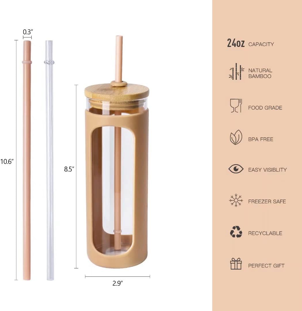 Kodrine – Botella de agua de vidrio de 24onzas con popote y tapa, vaso para licuados de boca ancha, funda protectora de silicona libre de BPA, color