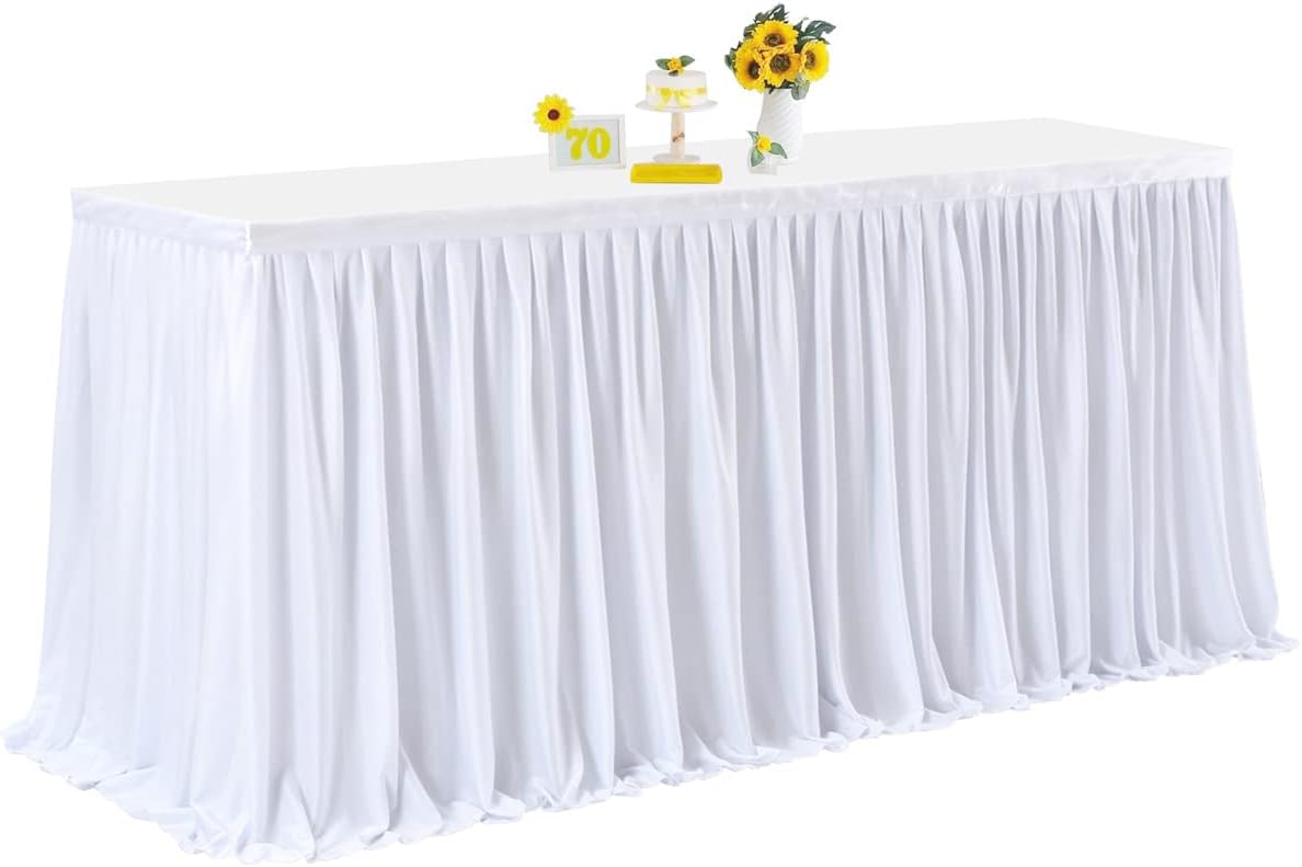 Falda de mesa blanca de 8 pies para decoración rectangular o redonda para fiesta de cumpleaños, baby shower, boda, bufé, banquete, decoración de