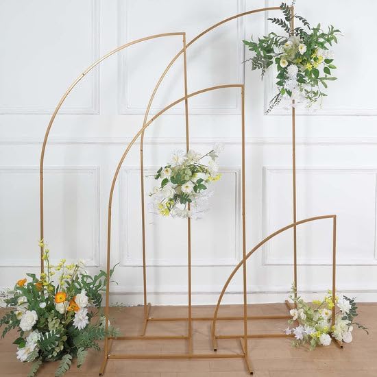 TABLECLOTHSFACTORY – Juego de 4 soportes de metal dorado para telón de fondo de arco de boda, marco floral de media luna, 2.5 pies, 5 pies, 6.5 pies
