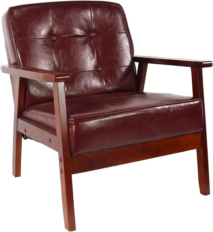 KKTONER Sofá de tela de salón moderno retro de mediados de siglo Silla de madera Sala de estar Dormitorio Estudio Balcón Sillón (rojo)