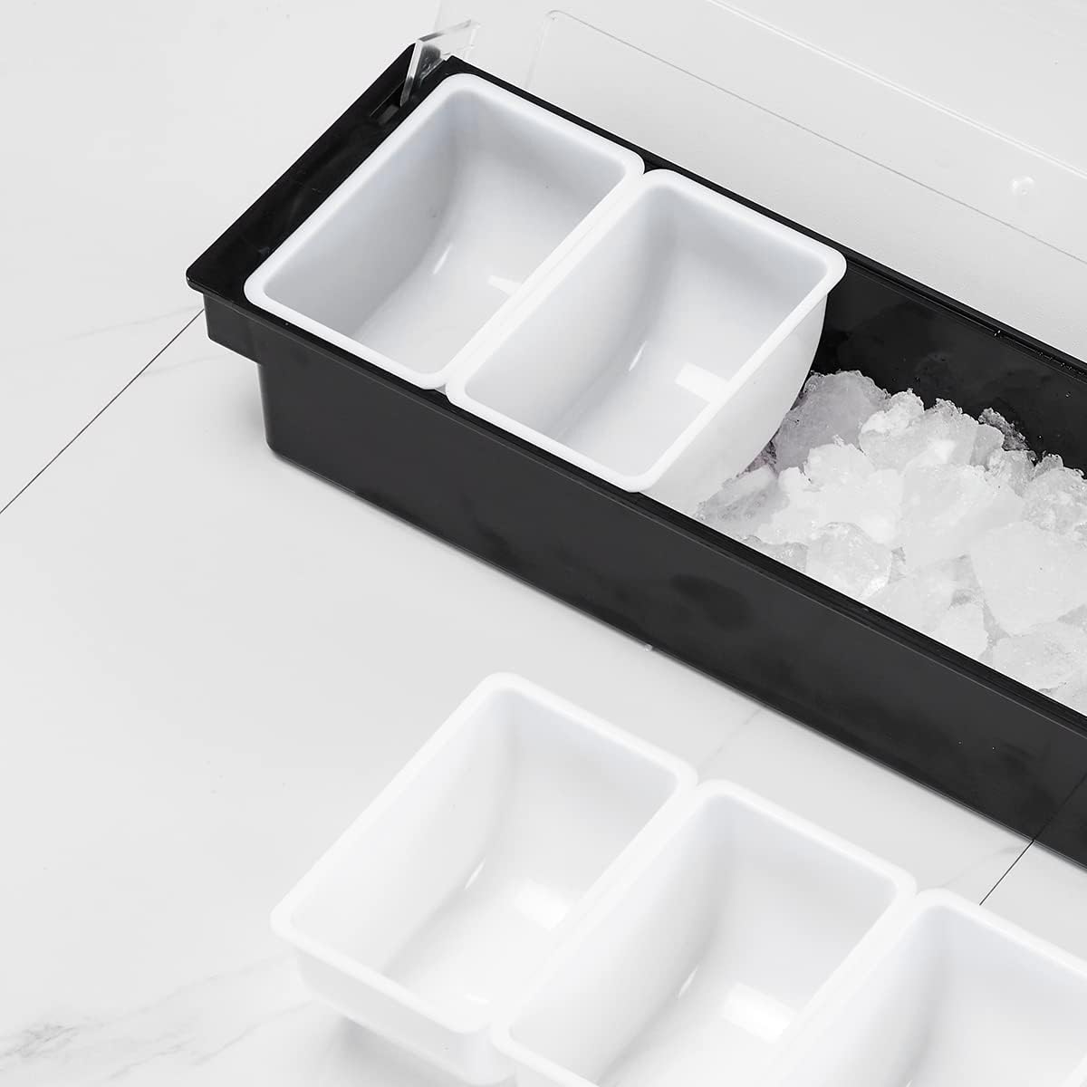Ice Cooled Condiment Serving Container-6 Compartment Chilled Garnish Tray Bar Caddy with Hinged Lid (6 Compartments)