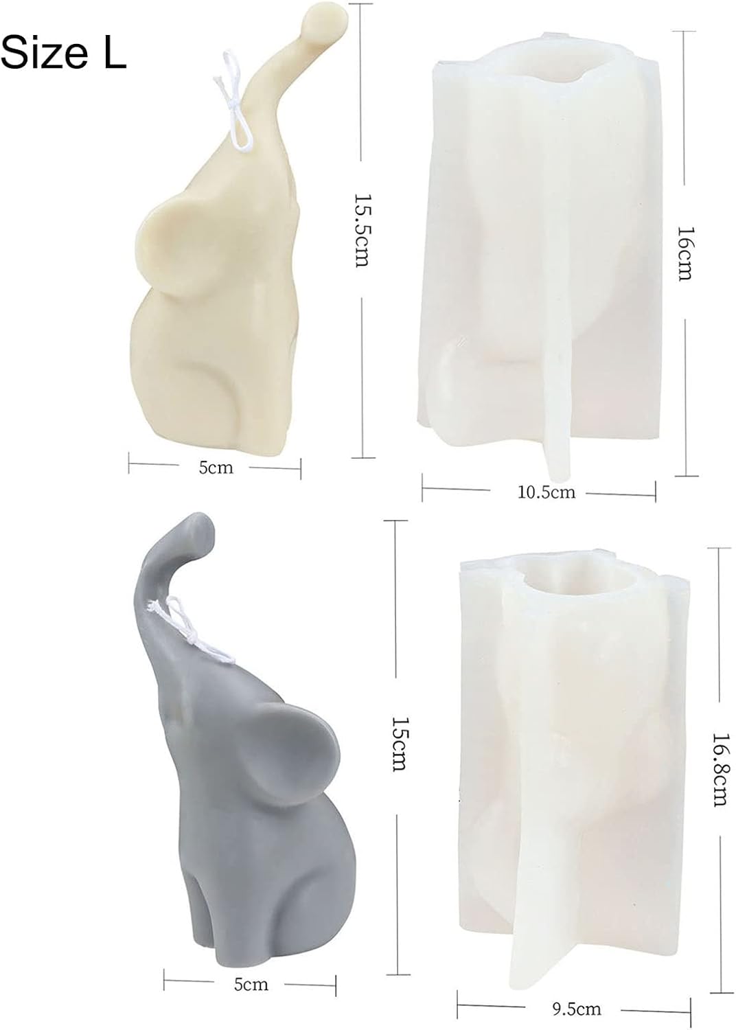 Grainrain Moldes de vela de silicona 3D elefantes haciendo cera jabón resina molde 2 piezas conjunto tamaño grande (SXY074)