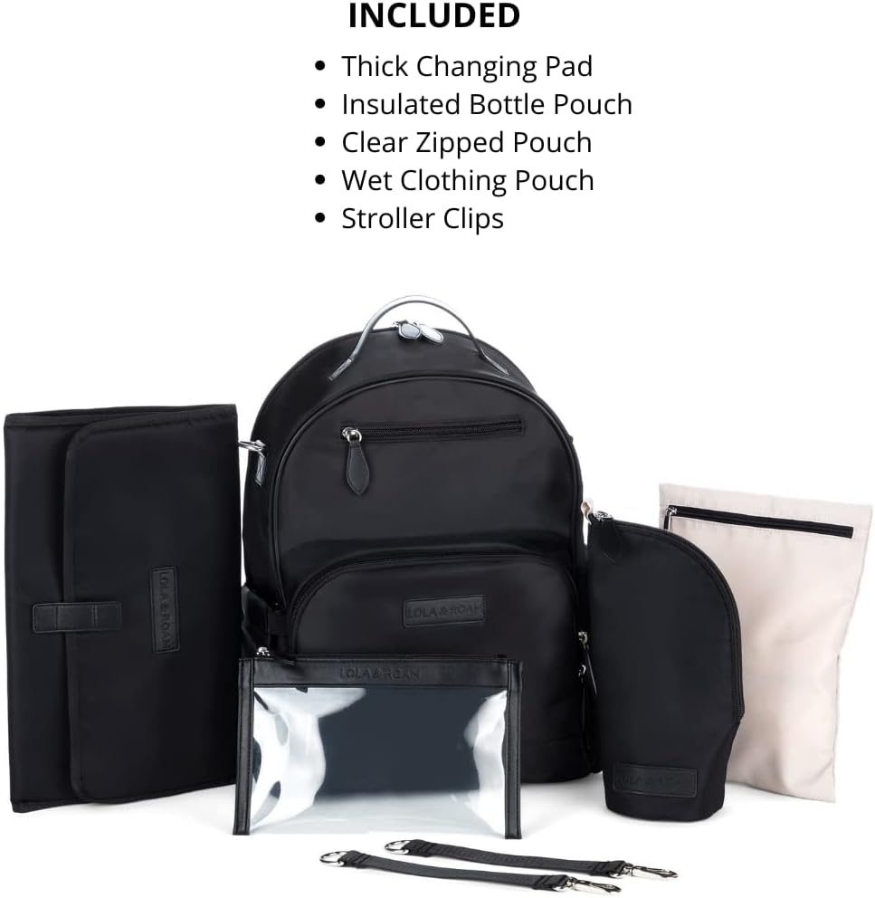 LOLA & ROAM Mochila para pañales de nailon, compartimento térmico aislado, 5 accesorios, materiales ligeros y duraderos, compartimentos separados
