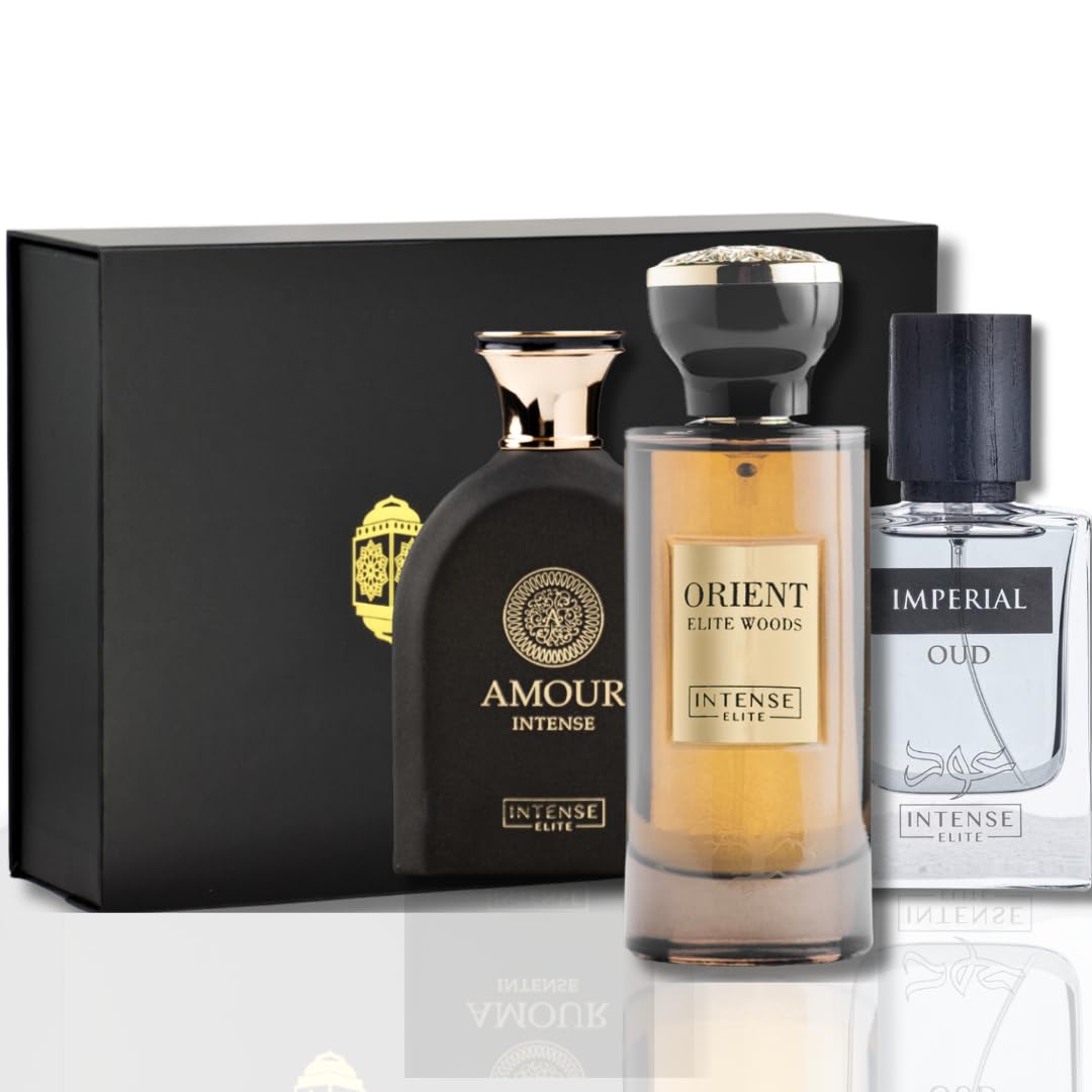 Amour Intense, Orient Elite Woods EDP  100ML (3.4 oz) e Imperial Oud EDP 50ML (1.67 oz) CON CAJA MAGNÉTICA  Fragnancias para mujeres y hombres,