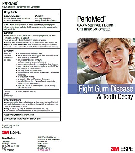 3M ESPE 12105F PerioMed – Recambio concentrado de enjuague oral con flúor estannoso al 0.63%, sabor a fruta tropical, botella de 10 onzas con bomba